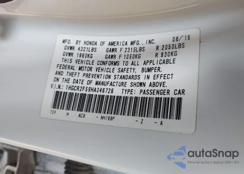 2017 Honda Accord Sport z USA, uszkodzony, nr VIN 1HGCR2F59HA046726